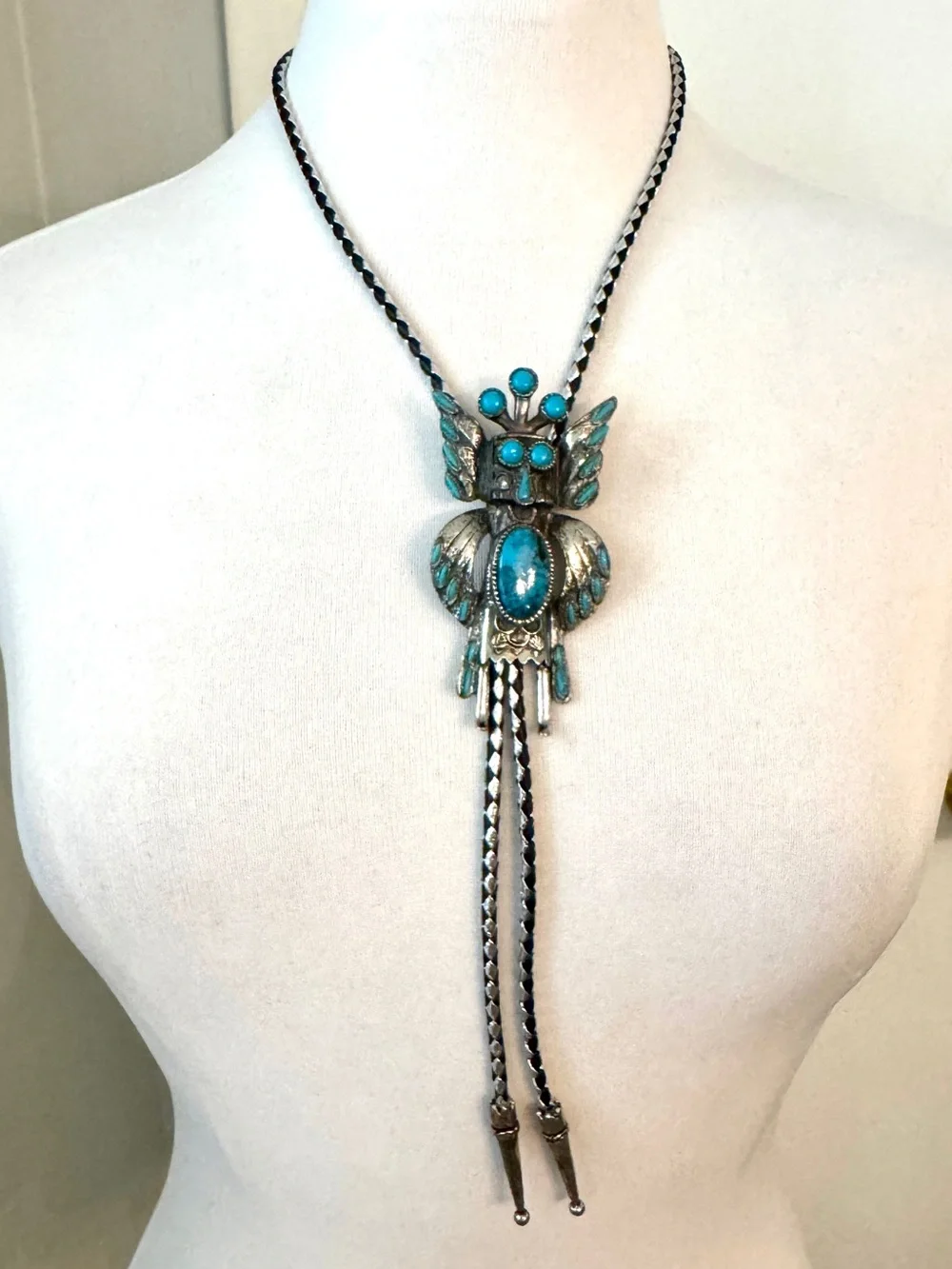 Vintage Sancrest Horned Owl Kachina Dancer Bolo Tie Faux Turquoise 1950s